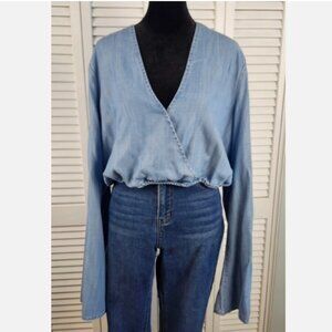 Guess Chambray Faux Wrap Top Large Cropped Bell Sleeve Light Wash Denim Look